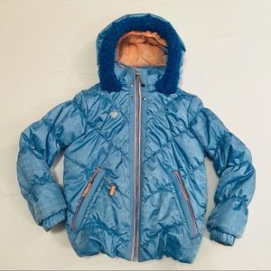 Girls blue ski coat with sherpa trim and removable hood by Oberymeyer